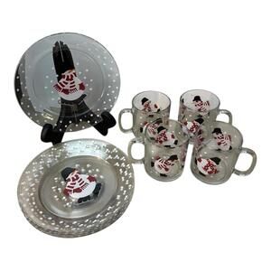 VTG Crate & Barrel Snowman 4 Plates & 4 Mugs Luminarc Glass (2 Sets Available)